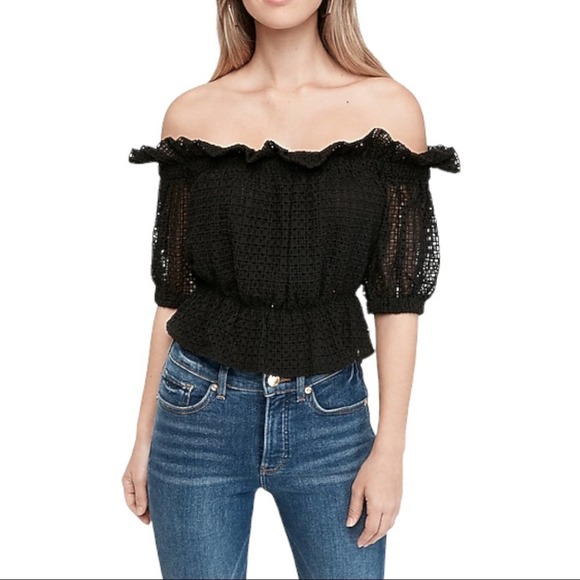 Express Off The Shoulder Ruffle Eyelet Lace Cropped Top In Black Size Medium - Picture 1 of 13